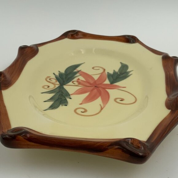 Vintage Rectangular Asian Pink Flower Brown Rim Serving Plate Stamped Wealth - Picture 2 of 7